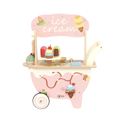 Toy ice cream cart with various ice cream cones on a white background