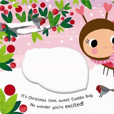 Illustration of a ladybug character with Christmas stockings and decorations on a pink background