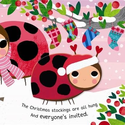 Illustration of a ladybug character with Christmas stockings and decorations on a pink background
