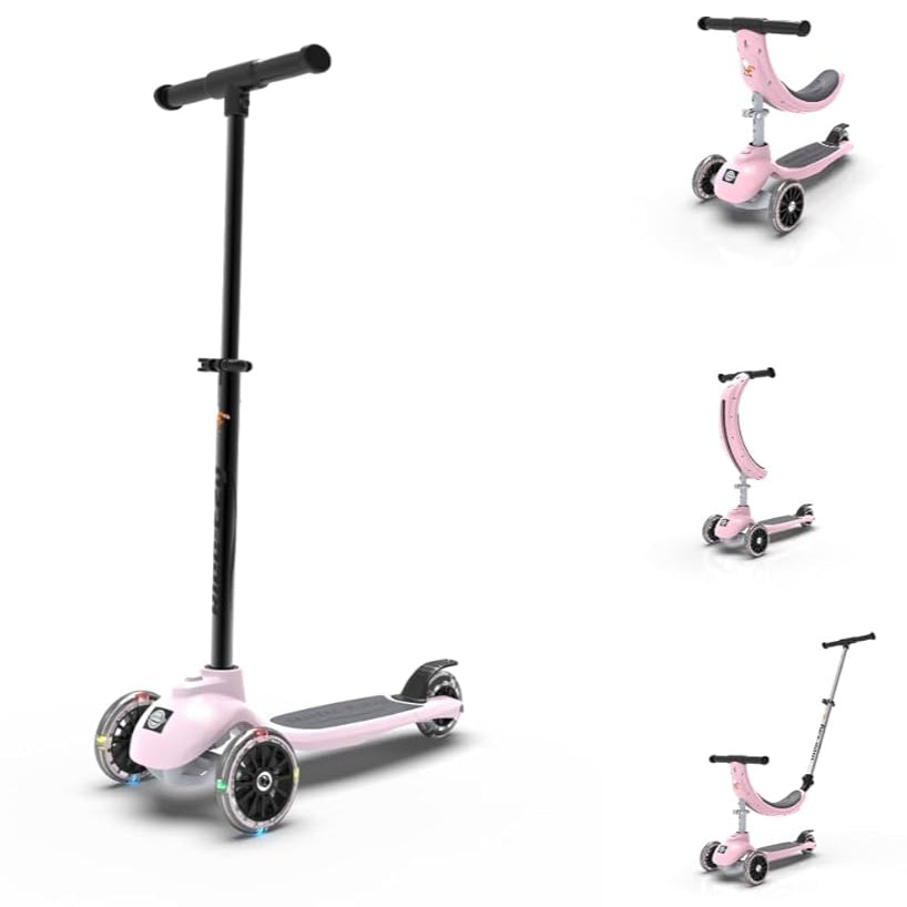 Set of pink scooter with various attachments on a white background