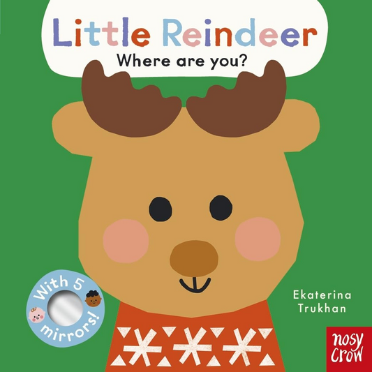 Book cover of 'Little Reindeer, Where are you?' with a reindeer illustration on a green background.