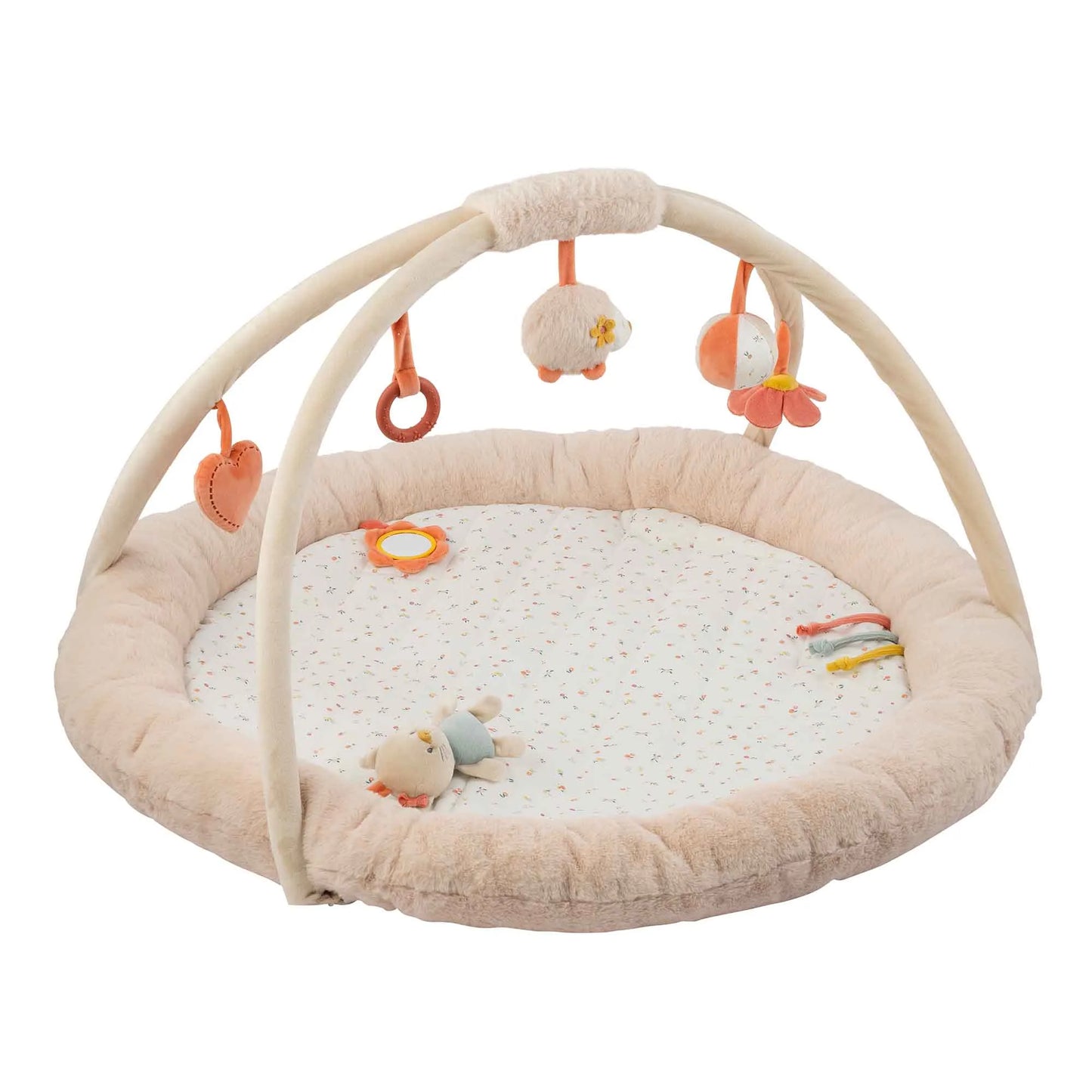 Baby play mat with hanging toys on a white background