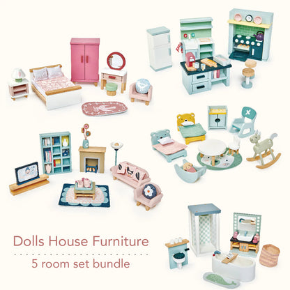 Dolls house furniture set with various rooms on a white background