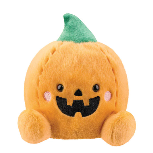 Plush toy pumpkin with a green stem on a white background