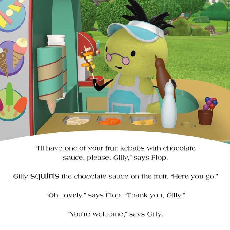 Illustration of animated characters at a fruit stand with text.