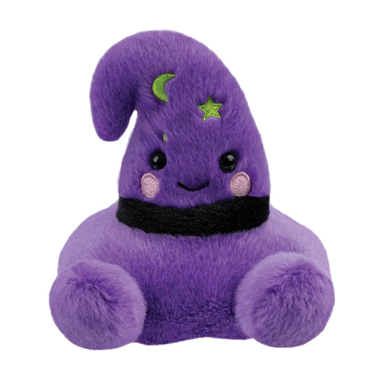Purple plush toy with a smiling face and star-shaped hat on a white background