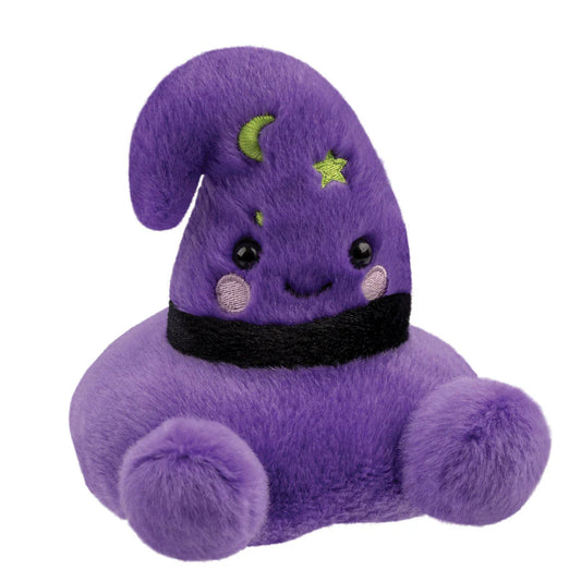 Purple plush toy with a smiling face, black belt, and green accents on a white background