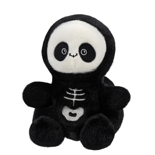 Plush toy panda in a black skeleton costume on a white background
