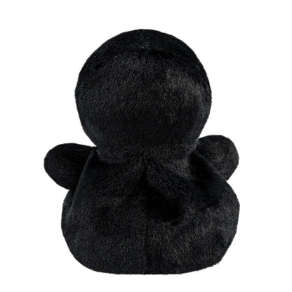 Black plush toy with a round body and small wings on a white background