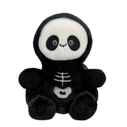 Plush toy panda in a black skeleton costume on a white background