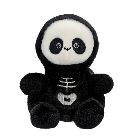Plush toy panda in a black skeleton costume on a white background