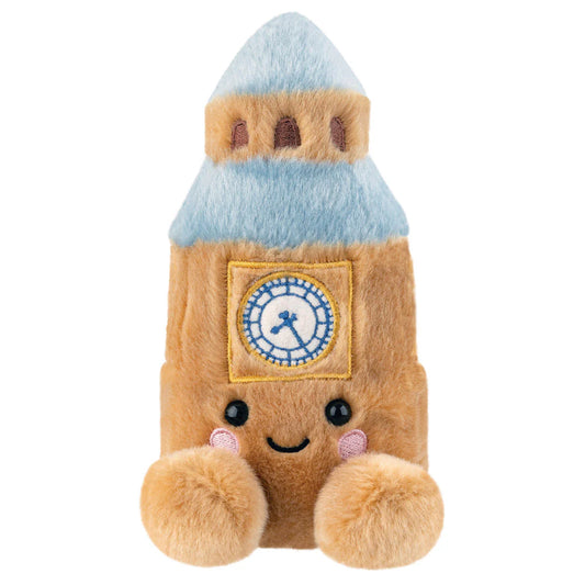 Plush toy resembling a rocket with a clock face on a white background