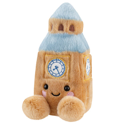 Plush toy resembling a rocket with a clock face on a white background