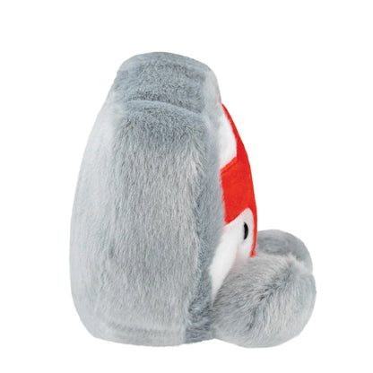 Gray plush toy with a red strap on a white background