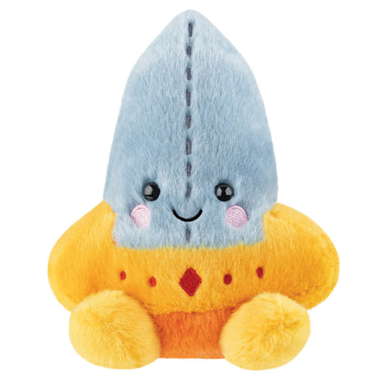 Plush toy resembling a character with a blue hood and yellow body on a white background
