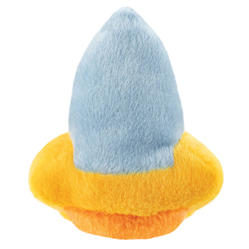 Plush toy resembling a gnome with a blue hat and orange body on a white background