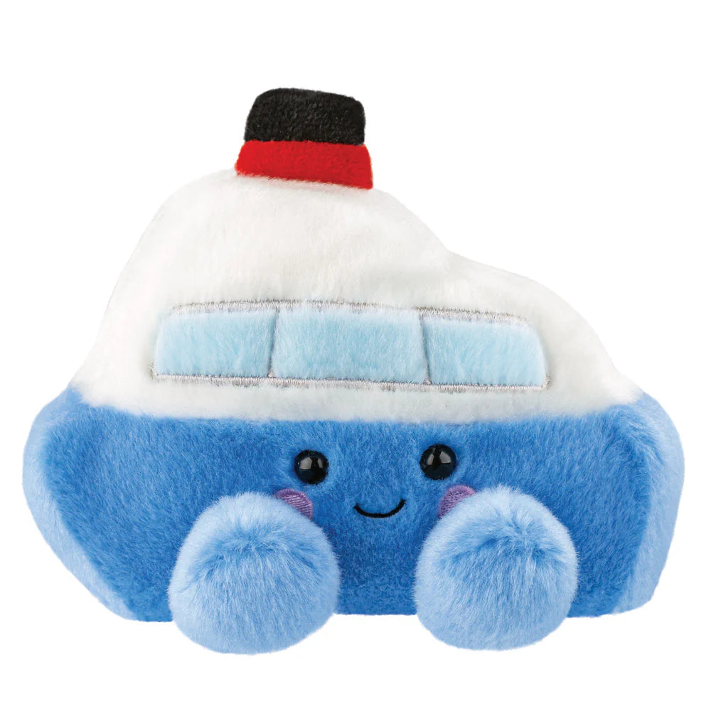 Plush toy shaped like a blue and white boat with a smiling face on a white background