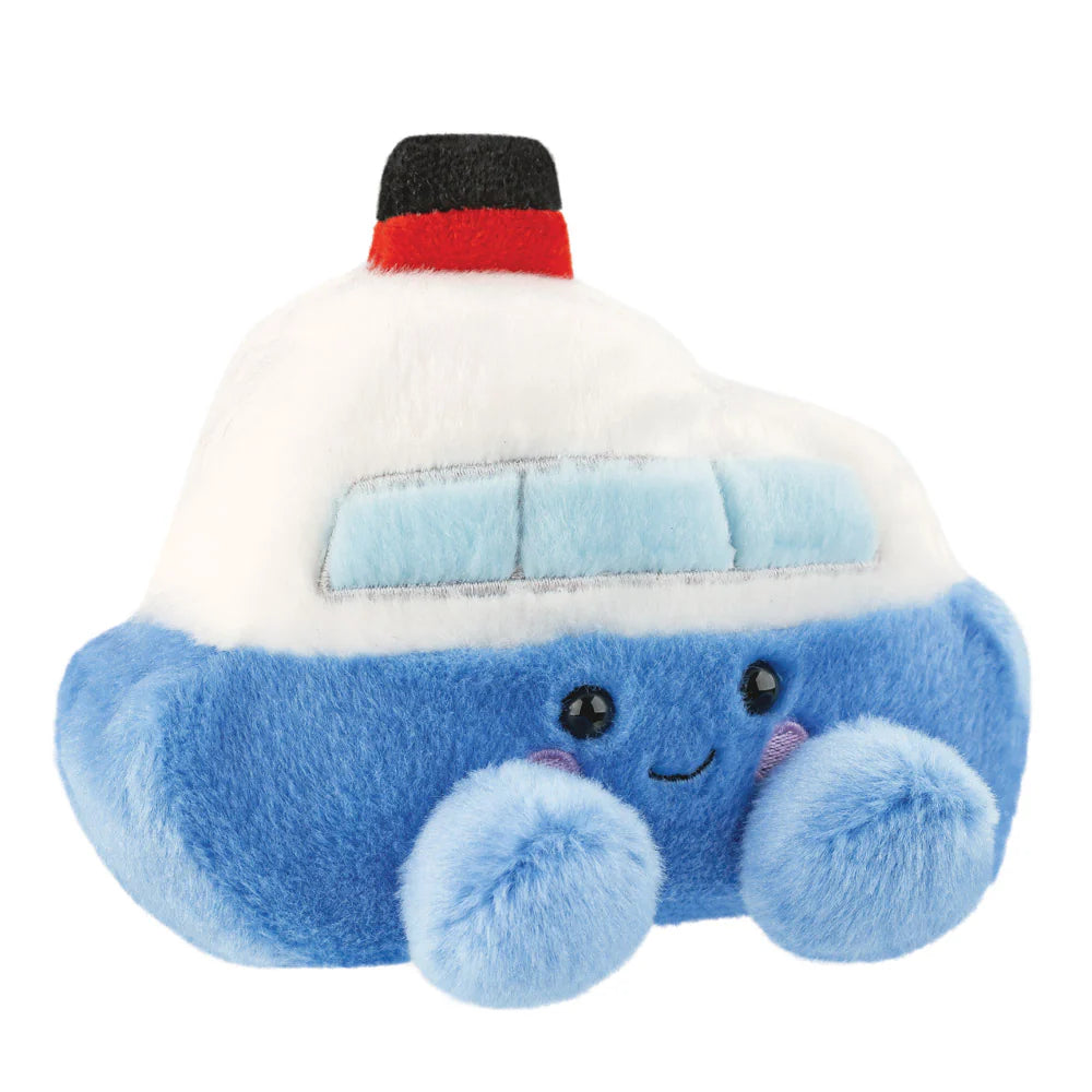 Plush toy shaped like a blue car with a white roof and black top on a white background