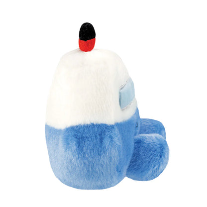 Plush toy resembling a blue and white vehicle with a red and black top on a white background