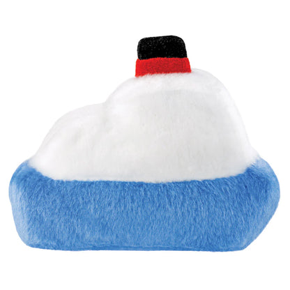 Plush toy shaped like a boat with a white body, blue bottom, and black and red top on a white background