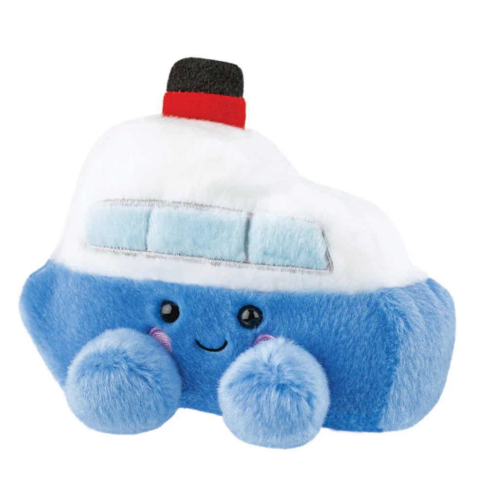 Plush toy shaped like a blue car with a white roof on a white background