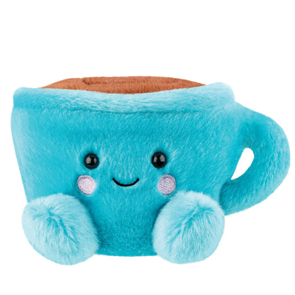 Plush toy shaped like a blue cup with a smiling face on a white background