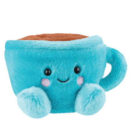 Plush toy shaped like a blue cup with a smiling face on a white background