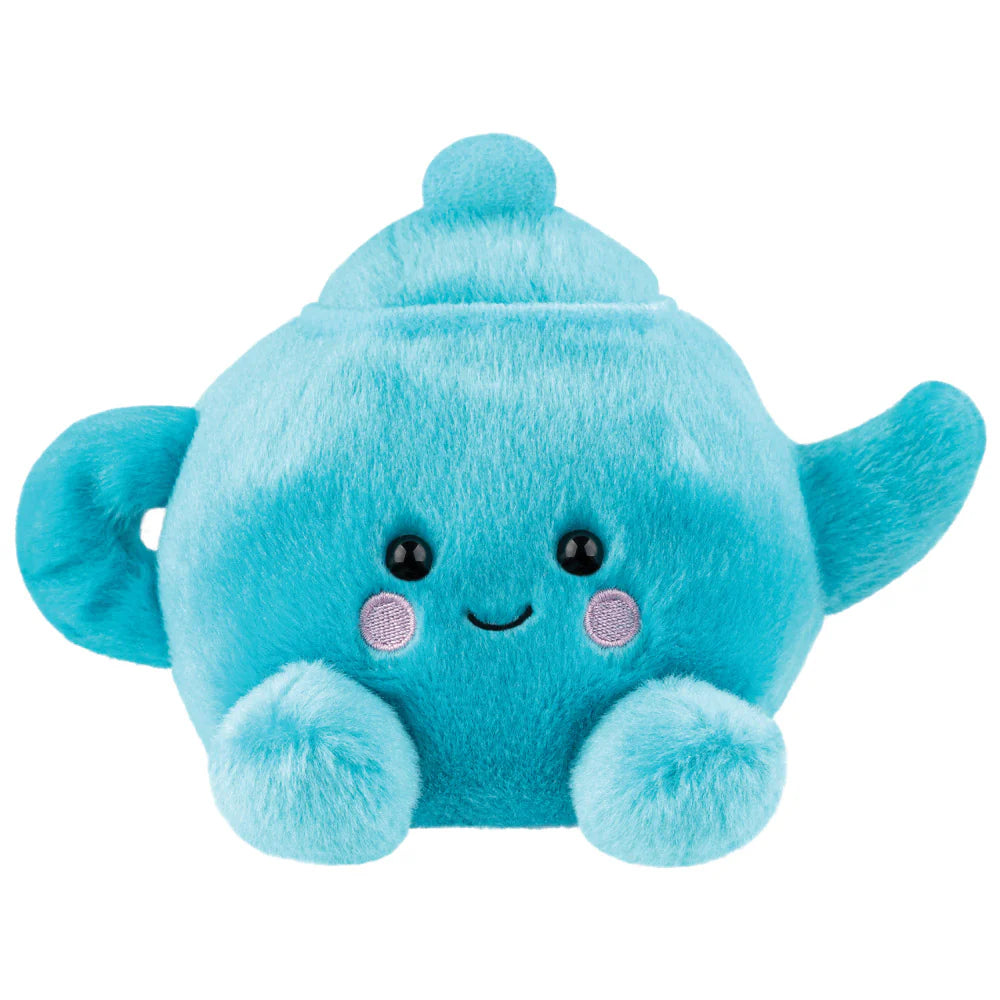 Blue plush toy with a happy expression on a white background