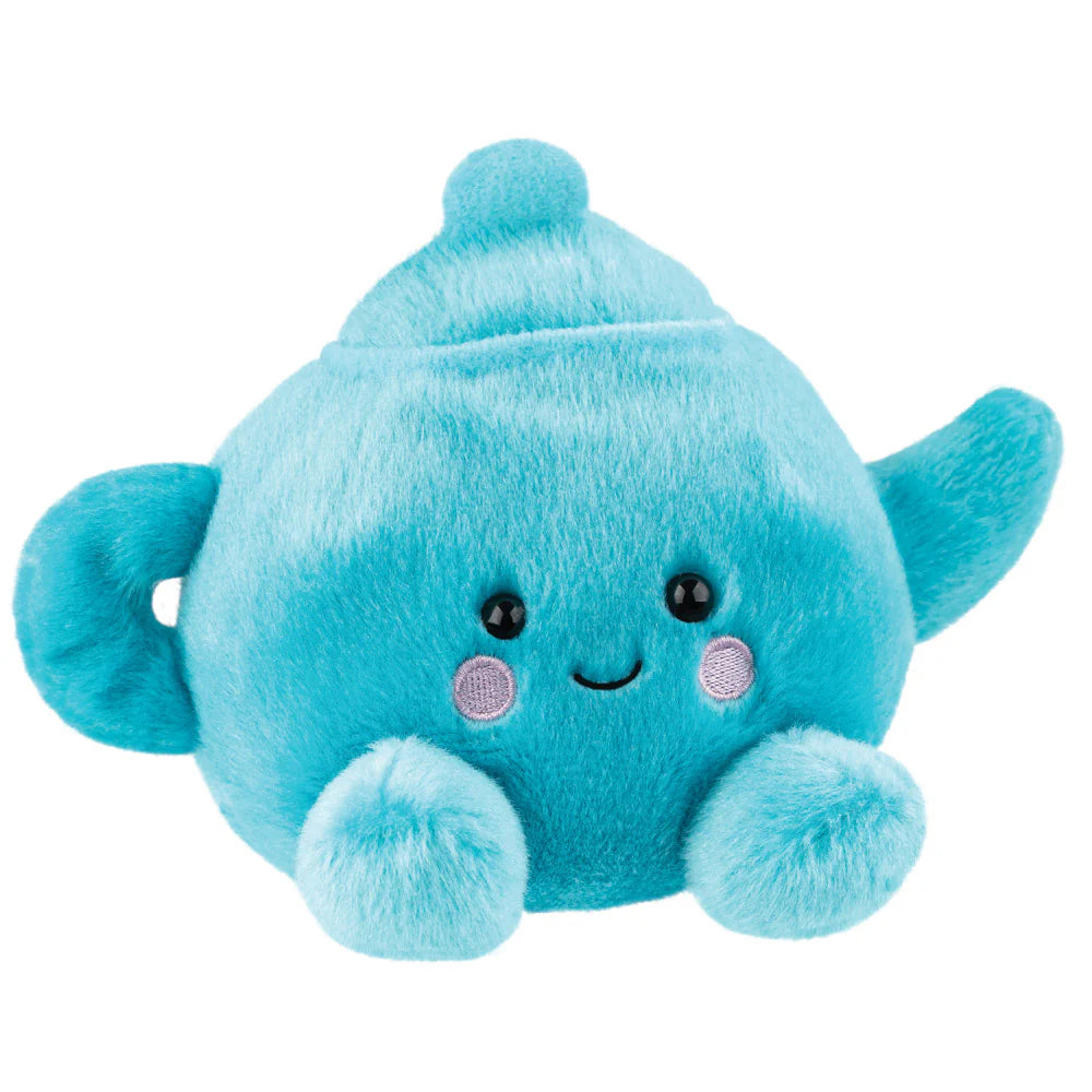 Blue plush toy with a smiling face on a white background