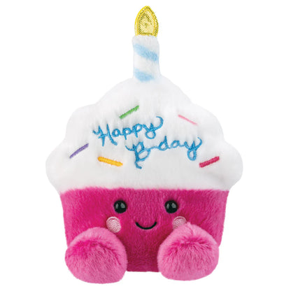 Plush toy shaped like a birthday cupcake with 'Happy Birthday' text on a white background