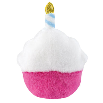 Plush toy shaped like a cupcake with pink bottom, white top, and gold star on a white background