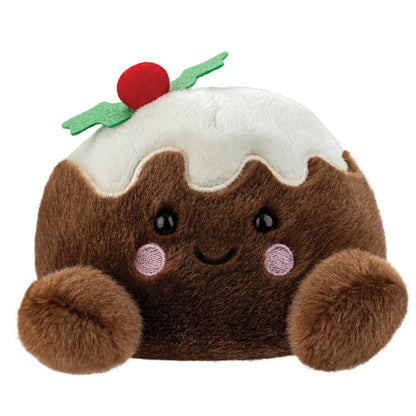 Plush toy resembling a Christmas pudding with a smiling face on a white background