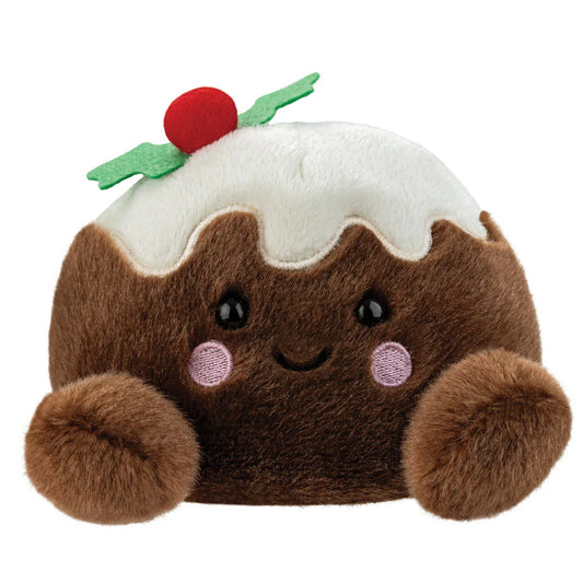 Plush toy resembling a Christmas pudding with a smiling face on a white background
