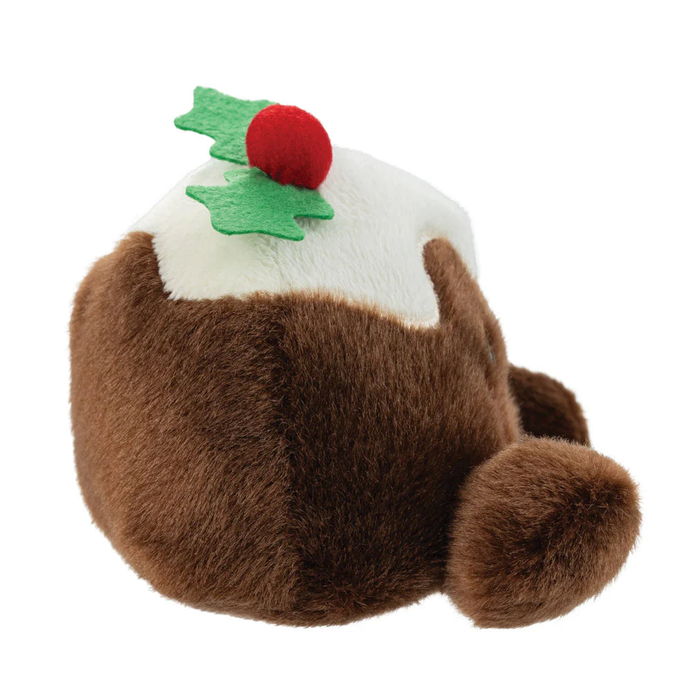 Plush toy resembling a Christmas pudding with a white top, brown body, and festive decorations on a white background.
