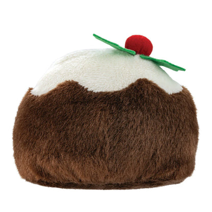 Plush toy resembling a Christmas pudding with a cherry on top against a white background