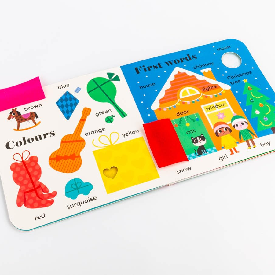 Children's educational board book with colorful illustrations on a white background