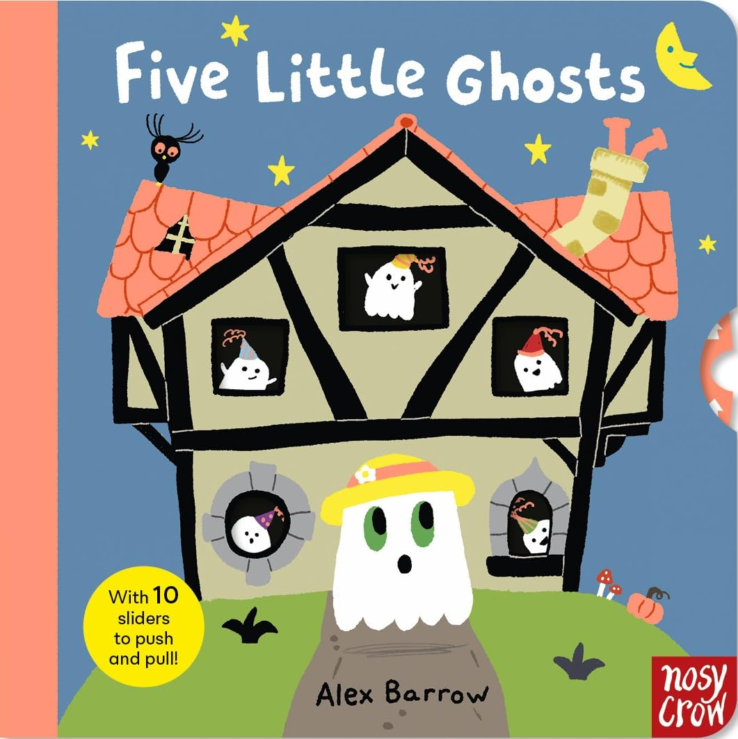 Book cover of 'Five Little Ghosts' with a haunted house illustration and ghost characters.