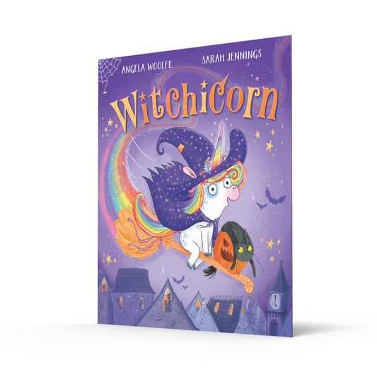 Book cover of 'Witchicorn' with a unicorn in a witch hat and rainbow hair on a purple background.