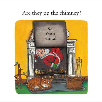 Illustration from a children's book showing a boy and cat with a present, and Santa Claus in a chimney.