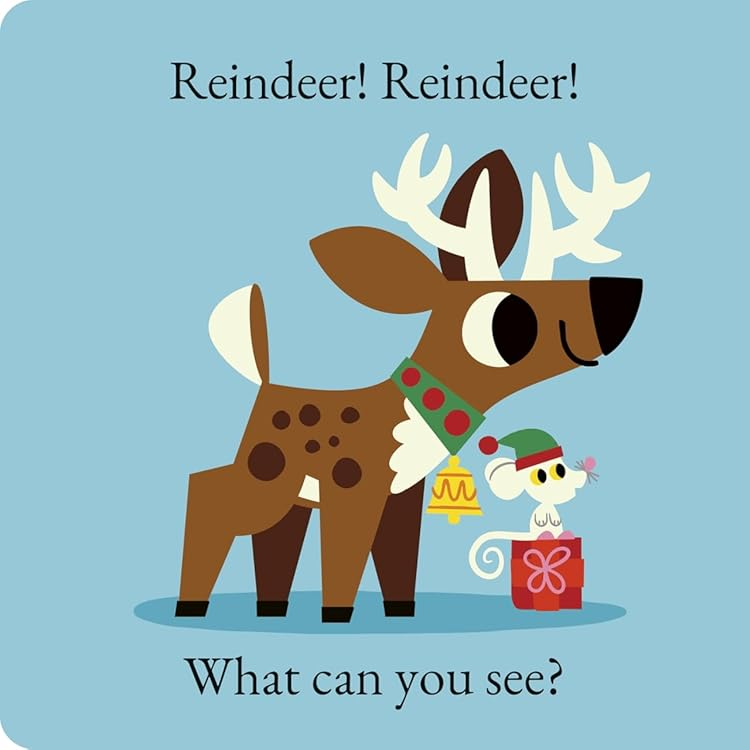 Illustration of a reindeer and a decorated Christmas tree on a blue background