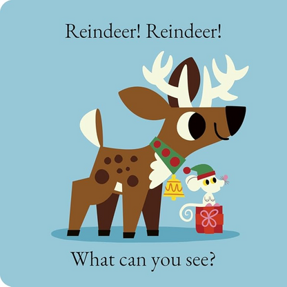Illustration of a reindeer and a decorated Christmas tree on a blue background