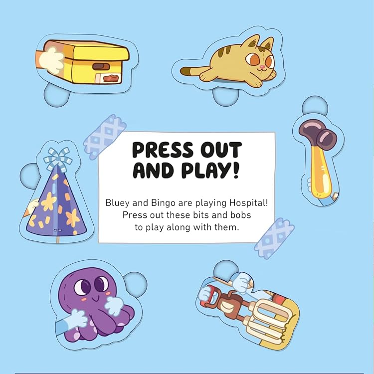 A children's activity book or booklet spread with illustrated cover and interior pages. The left page shows the title 'PRESS OUT AND PLAY!' with small printed pieces and a blue cloud-shaped outline.