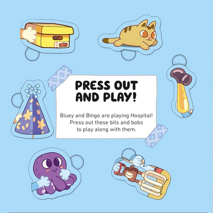 A children's activity book or booklet spread with illustrated cover and interior pages. The left page shows the title 'PRESS OUT AND PLAY!' with small printed pieces and a blue cloud-shaped outline.