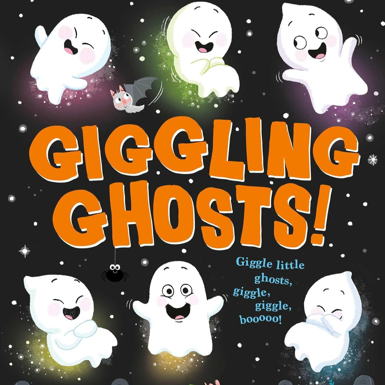 Book cover of 'Giggling Ghosts!' with cartoon ghosts and pumpkins on a dark background.