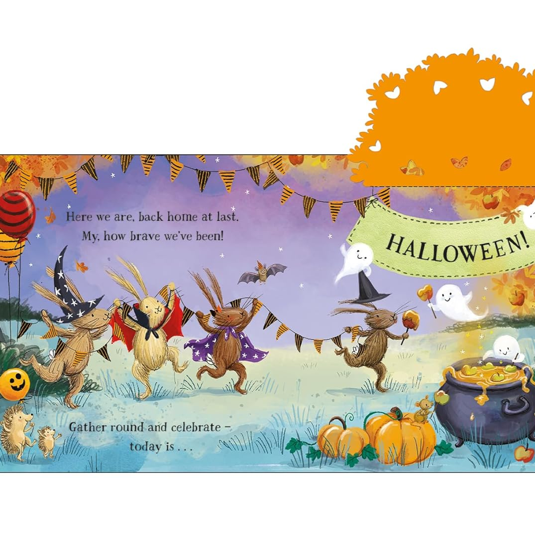 Halloween-themed children's book with cartoon animals and festive decorations.