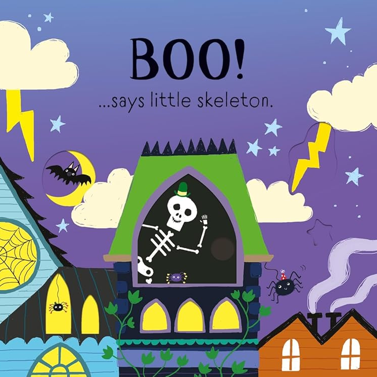 Halloween-themed illustration with colorful houses and ghostly elements on a purple background.