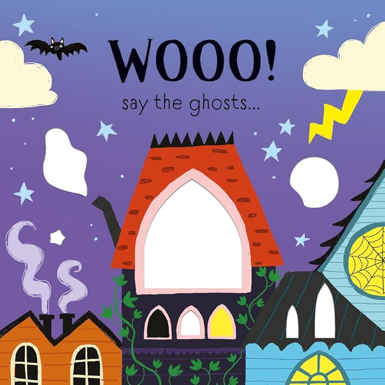 Halloween-themed illustration with colorful houses and ghostly elements on a purple background.