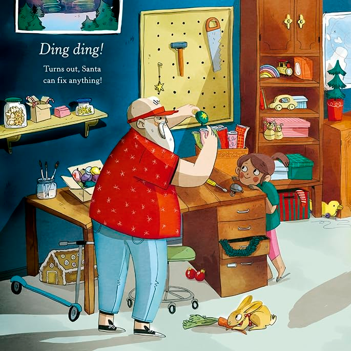 Illustration of a family in a room with a father figure, mother, and two children, with a focus on a repair shop setting.