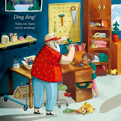 Illustration of a family in a room with a father figure, mother, and two children, with a focus on a repair shop setting.