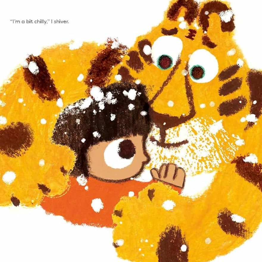 Illustration of a child hugging a tiger with snowflakes, from a children's book.